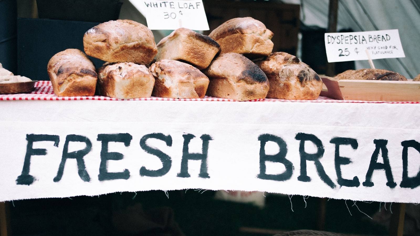 Loaves of fresh bread for sale at a market