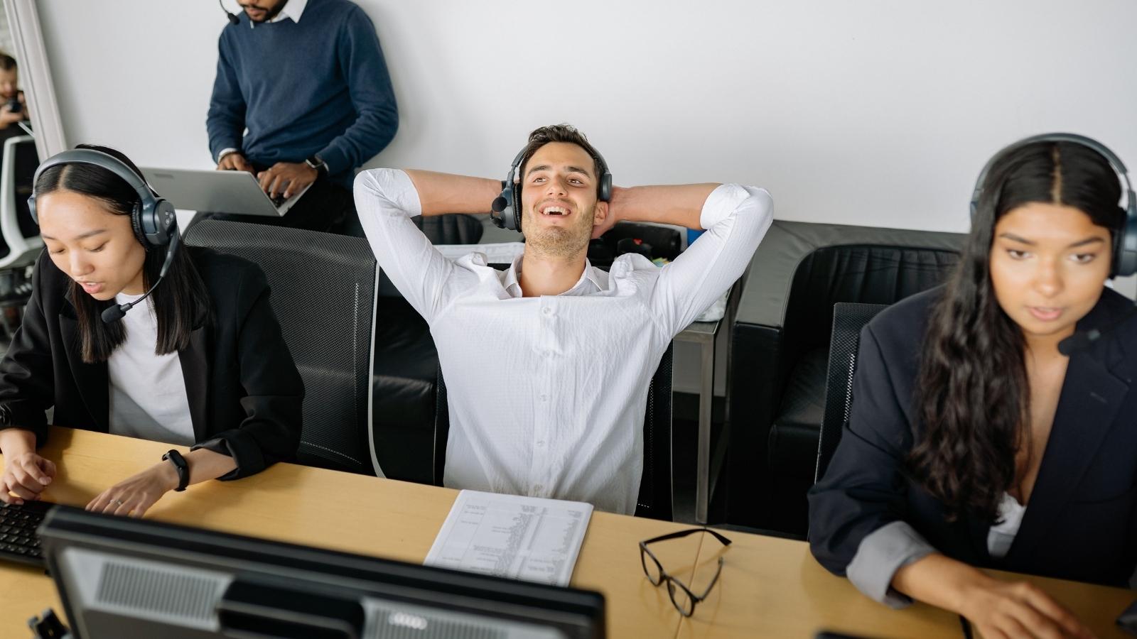 Call center worker happy he just hung up on a rude person