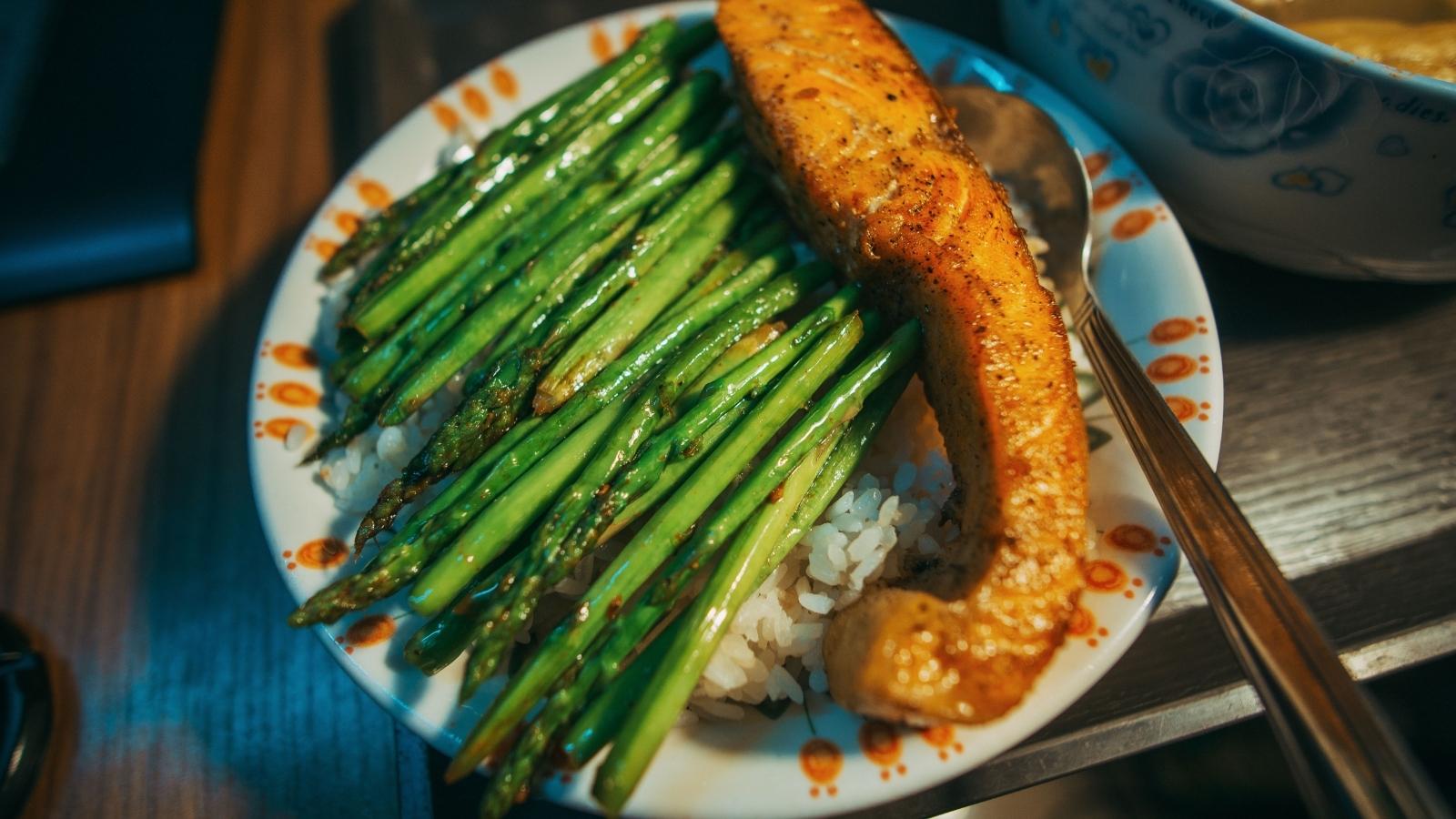 Restaurant plate of trout and green beans