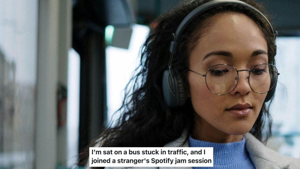 woman listening to music on the bus