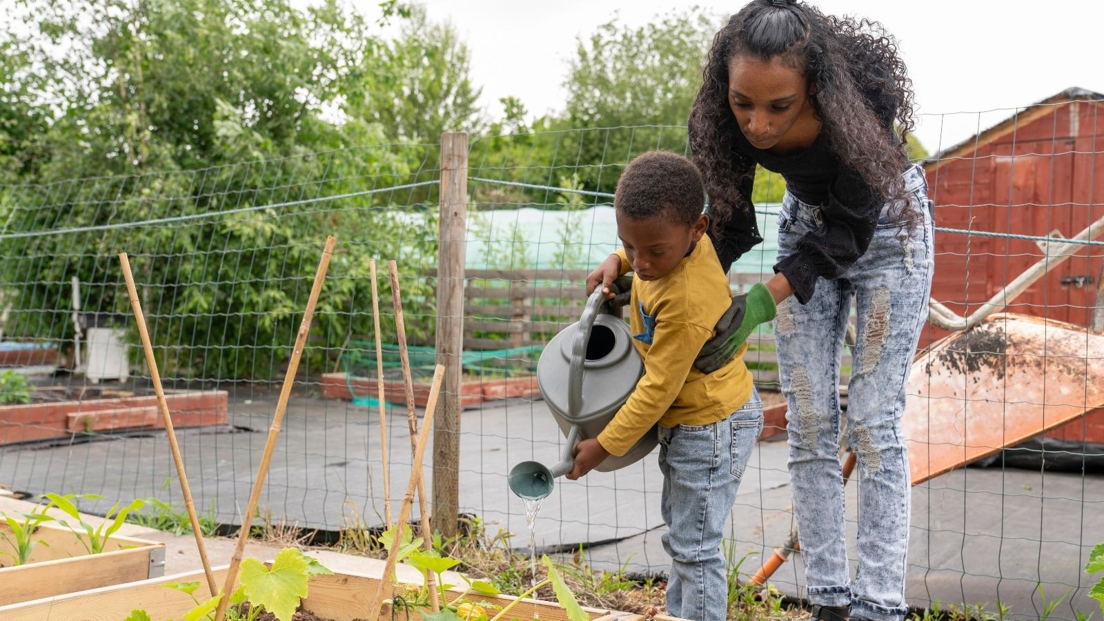 mother and son watering plants in a garden