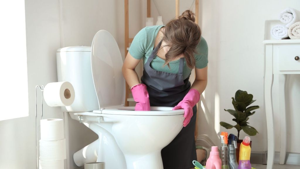 woman cleaning a toilet