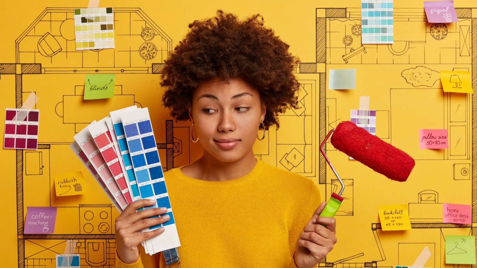 They Forced Her to Paint Her Door, So She Picked an Eye Searing Color Specifically Designed to Outrage the City women holding paint swatches and a paint roller