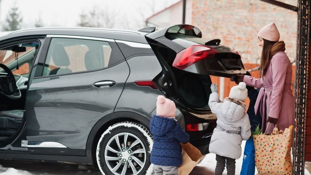 mom and kids unloading the car after shopping