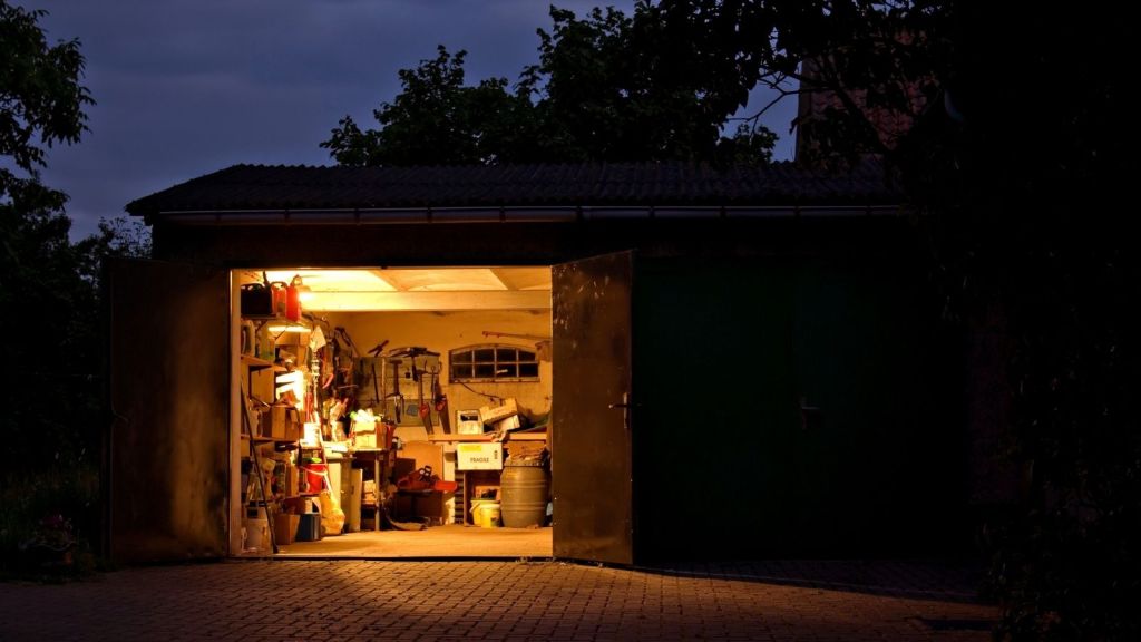 light on in a garage at night