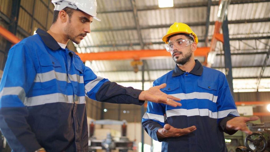 two frustrated men in hardhats in a warehouse