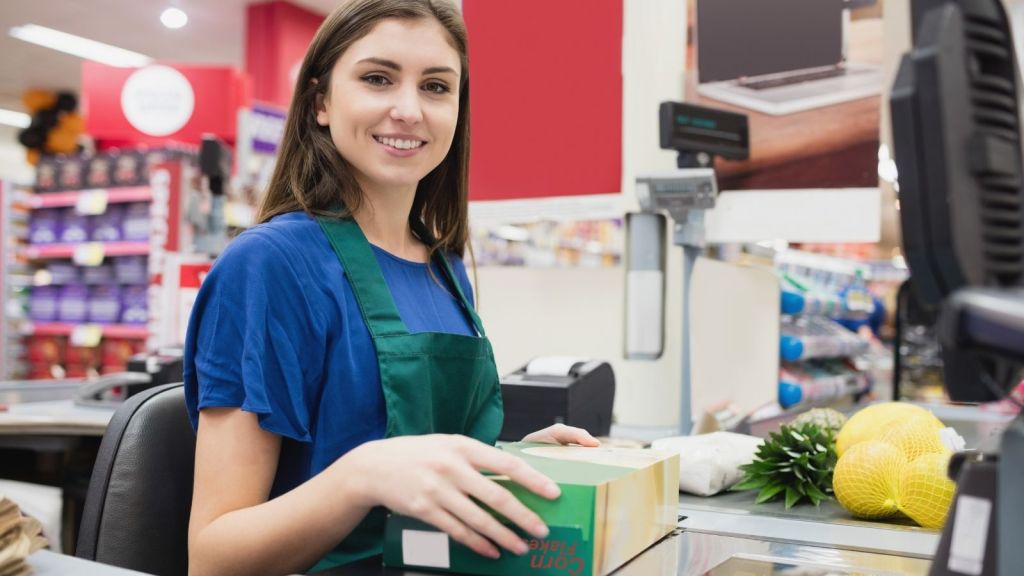 cashier sitting in a chair