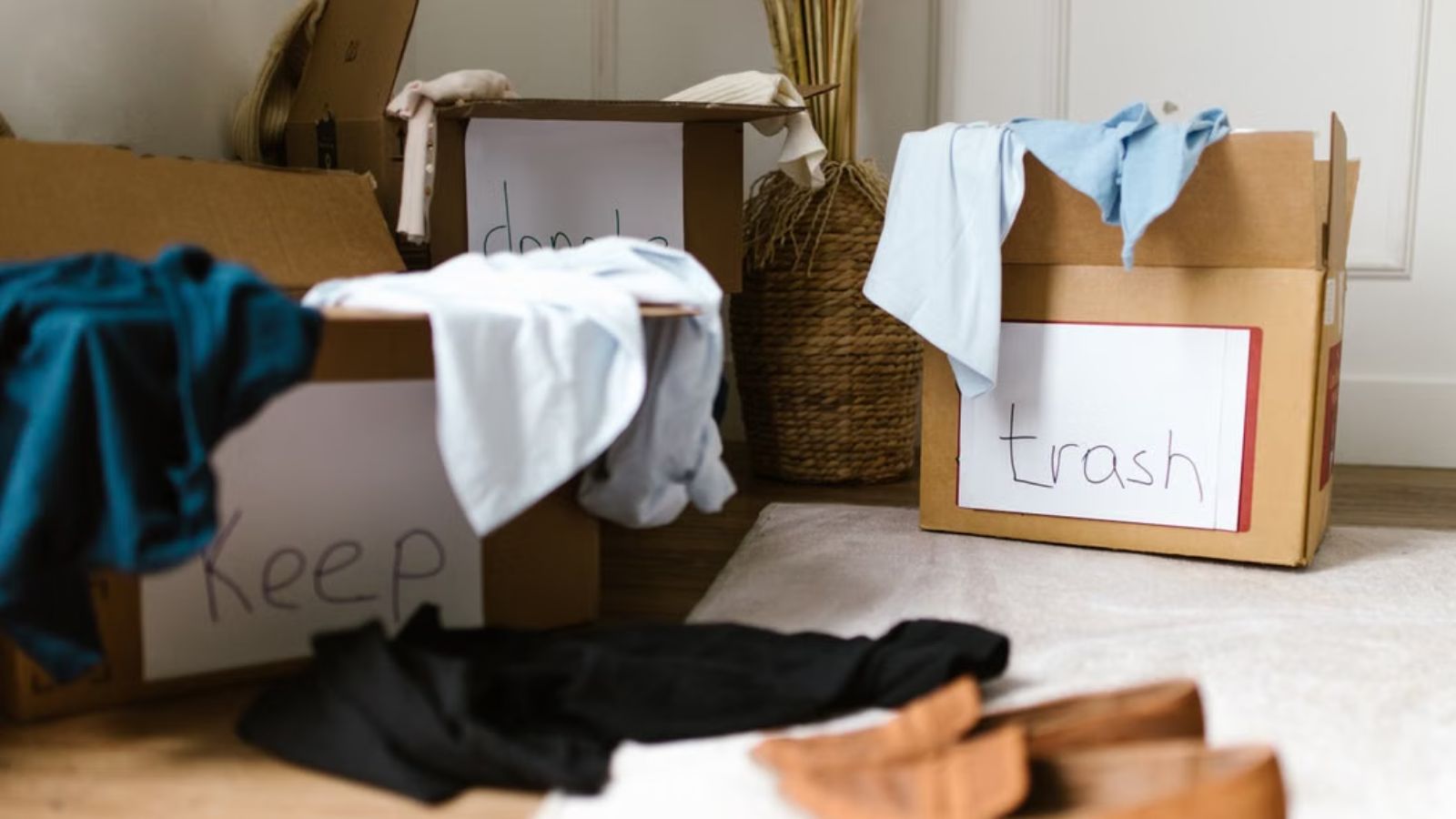 Her Aunt Gave Her Clothes That Didnt Fit — She Sold Them — Her Aunt Found Out and Called Her Ungrateful Old clothes and shoes sorted into boxes