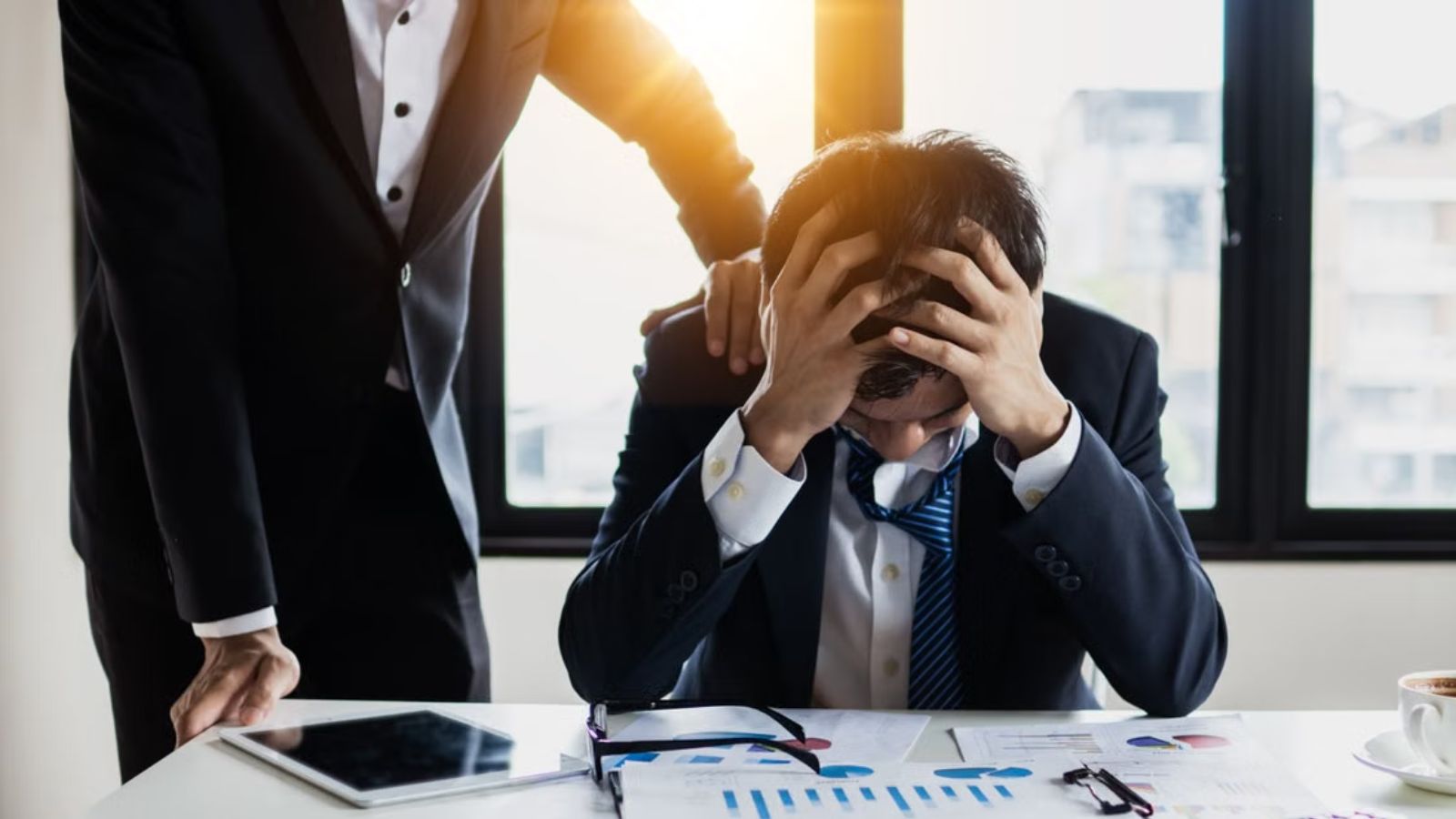 He Helped a Profitable Company for Years, but They Still Refused to Make Him a Full Time Employee Employee in business suit feeling stressed while looking at a report while a coworker touches his shoulder