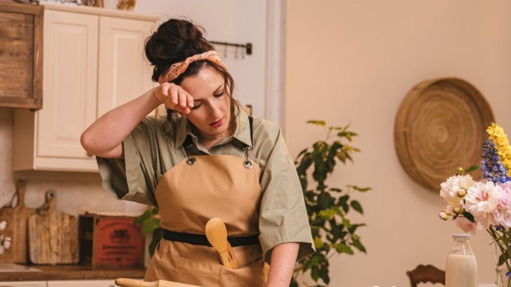 Woman feeling tired while cooking in the kitchen