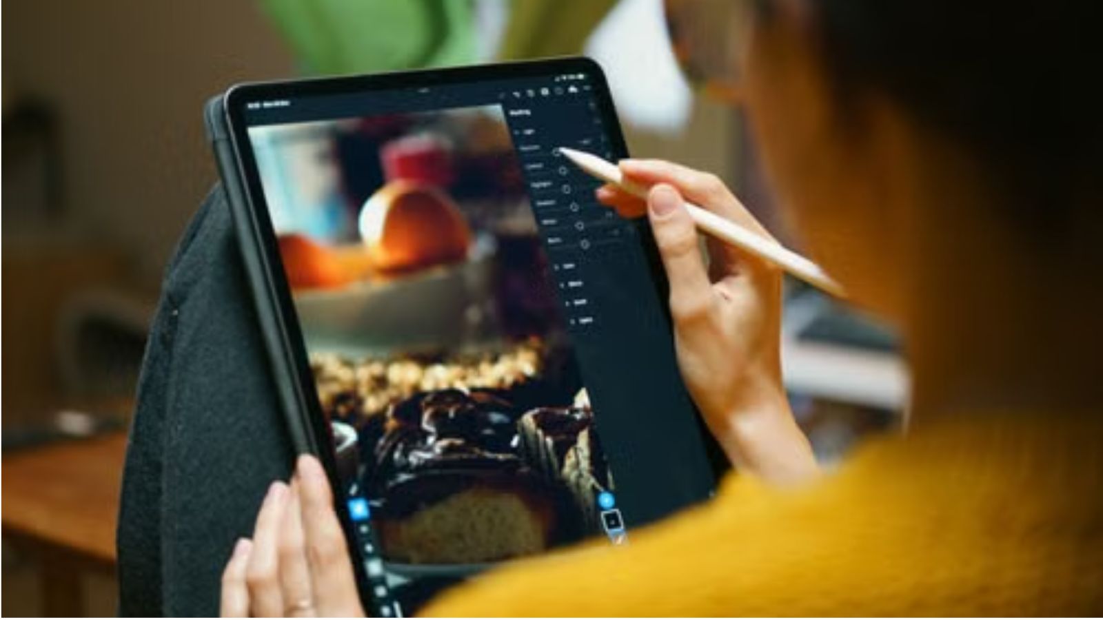 Woman using a stylus to edit photos on a tablet