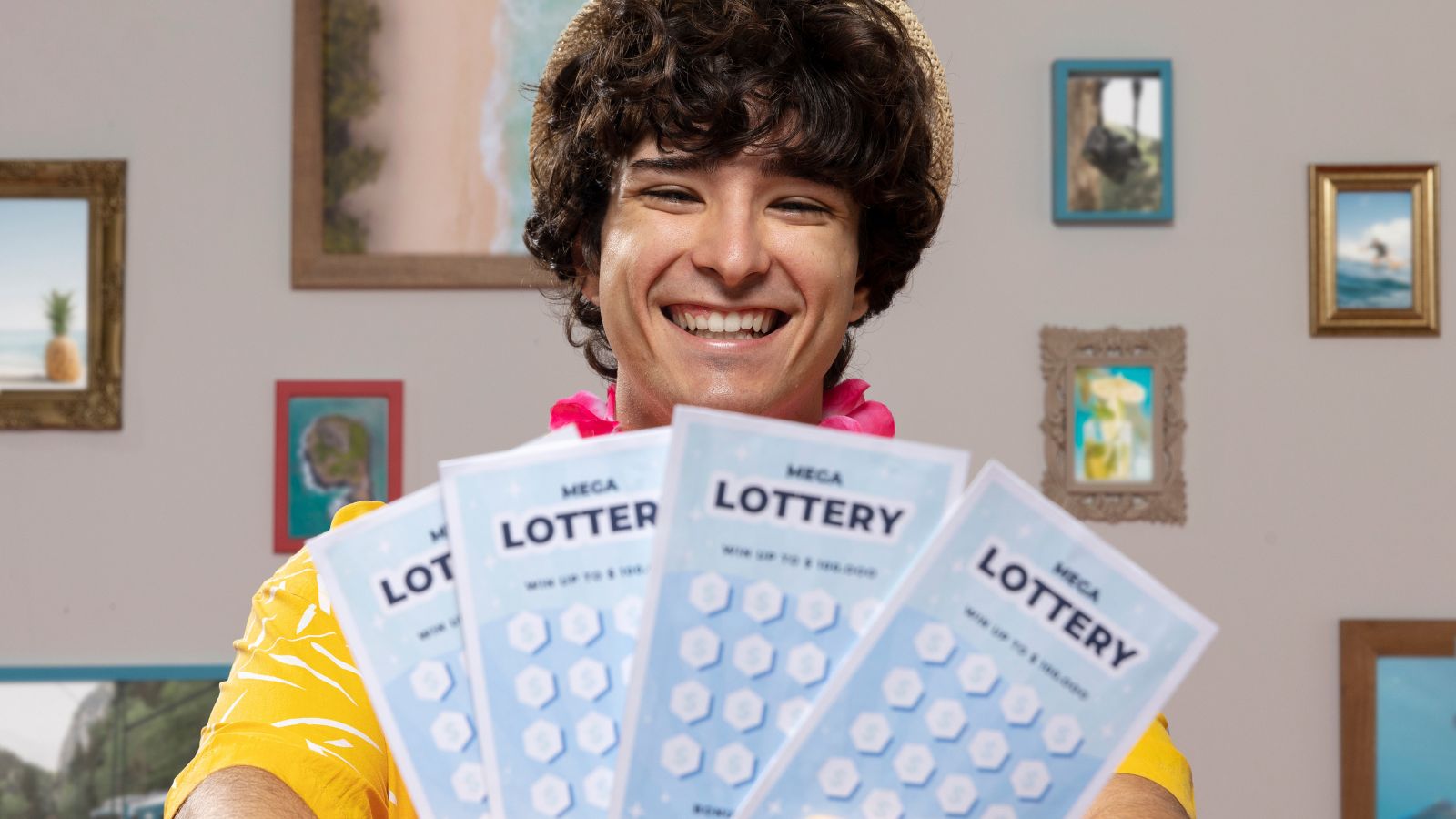 He Won Millions and Tried to Buy His Parents a Home—Then They Demanded 50% of the Ticket Man happily holding and showing lottery tickets