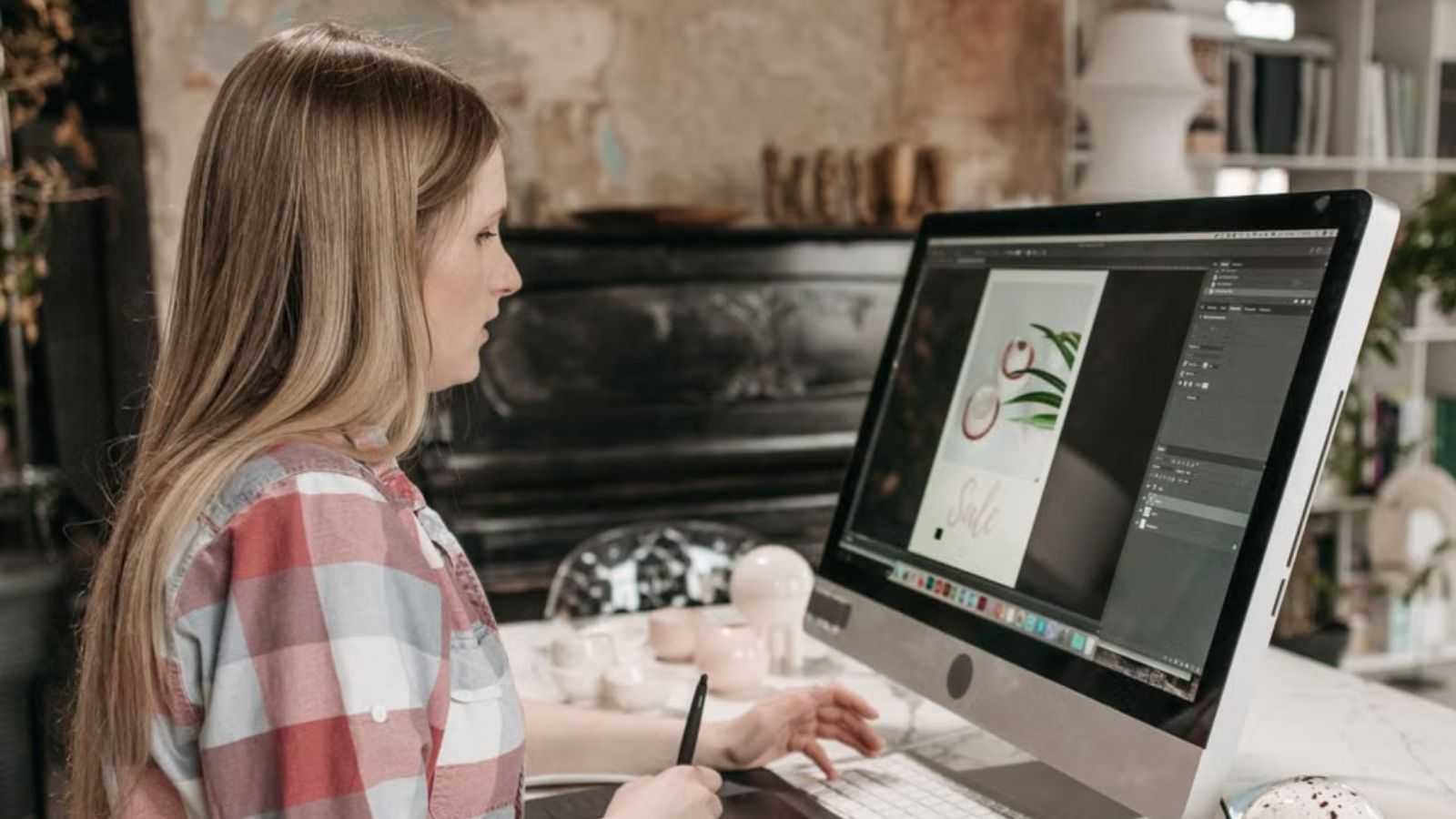Woman designing an image using her computer and drawing pad