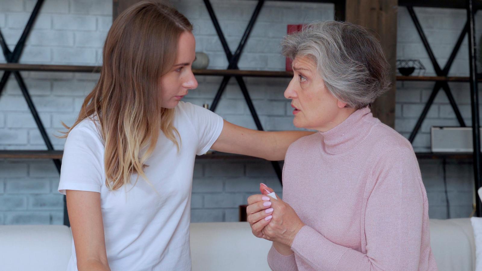 woman talking to her mother