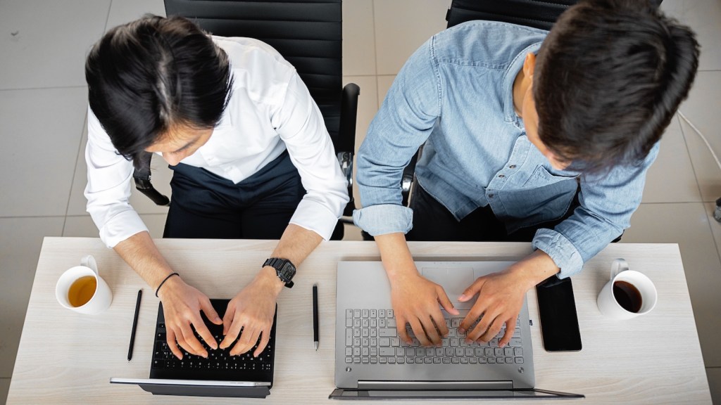 two men colleagues working on computers side by side