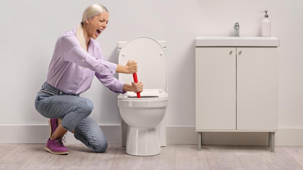 woman plunging a toilet