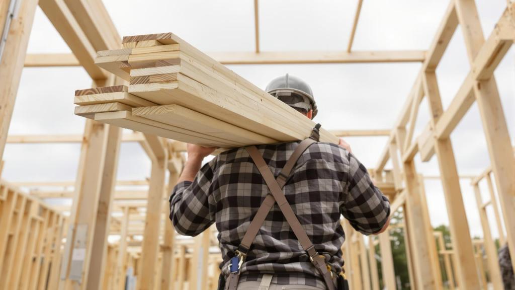 man carrying a stack of lumber