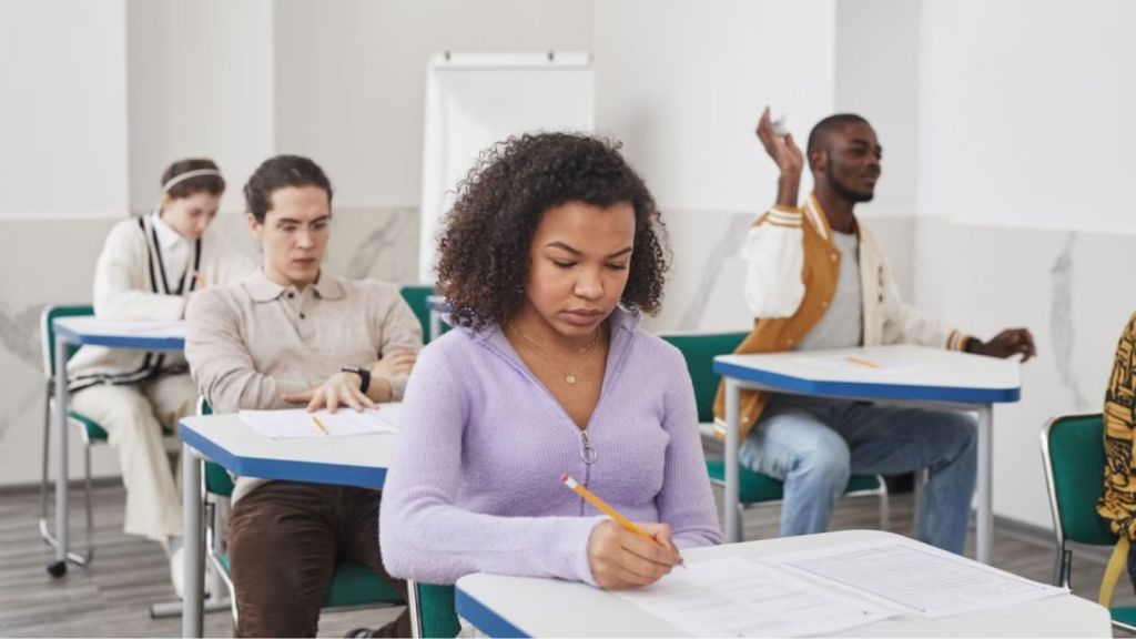 Students taking an exam in the classroom