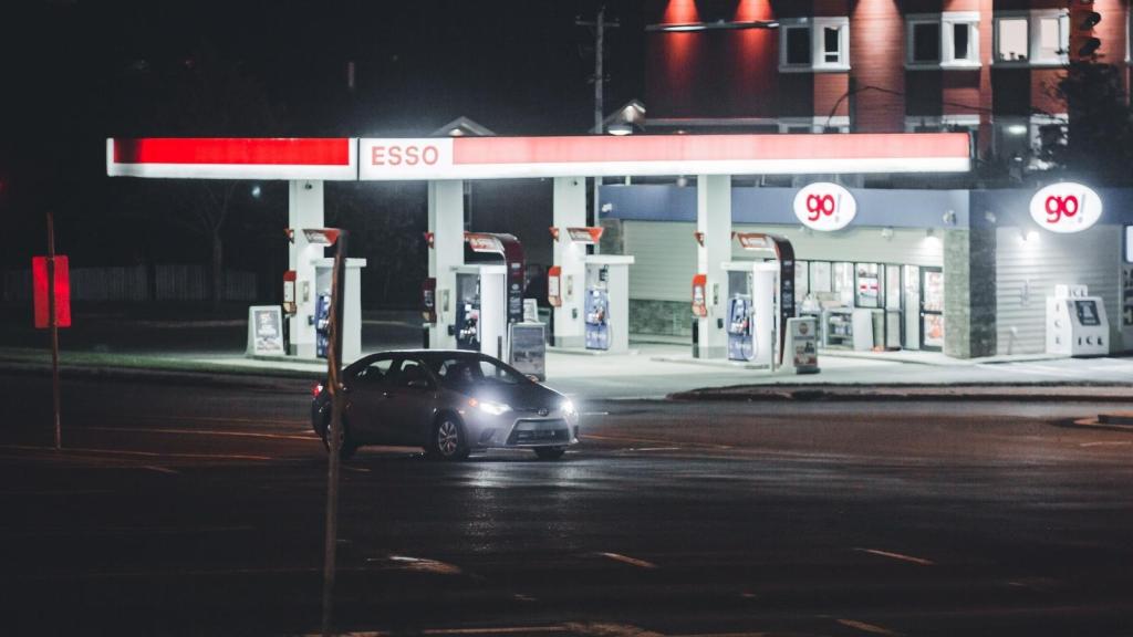 Outside view of a gas station at night