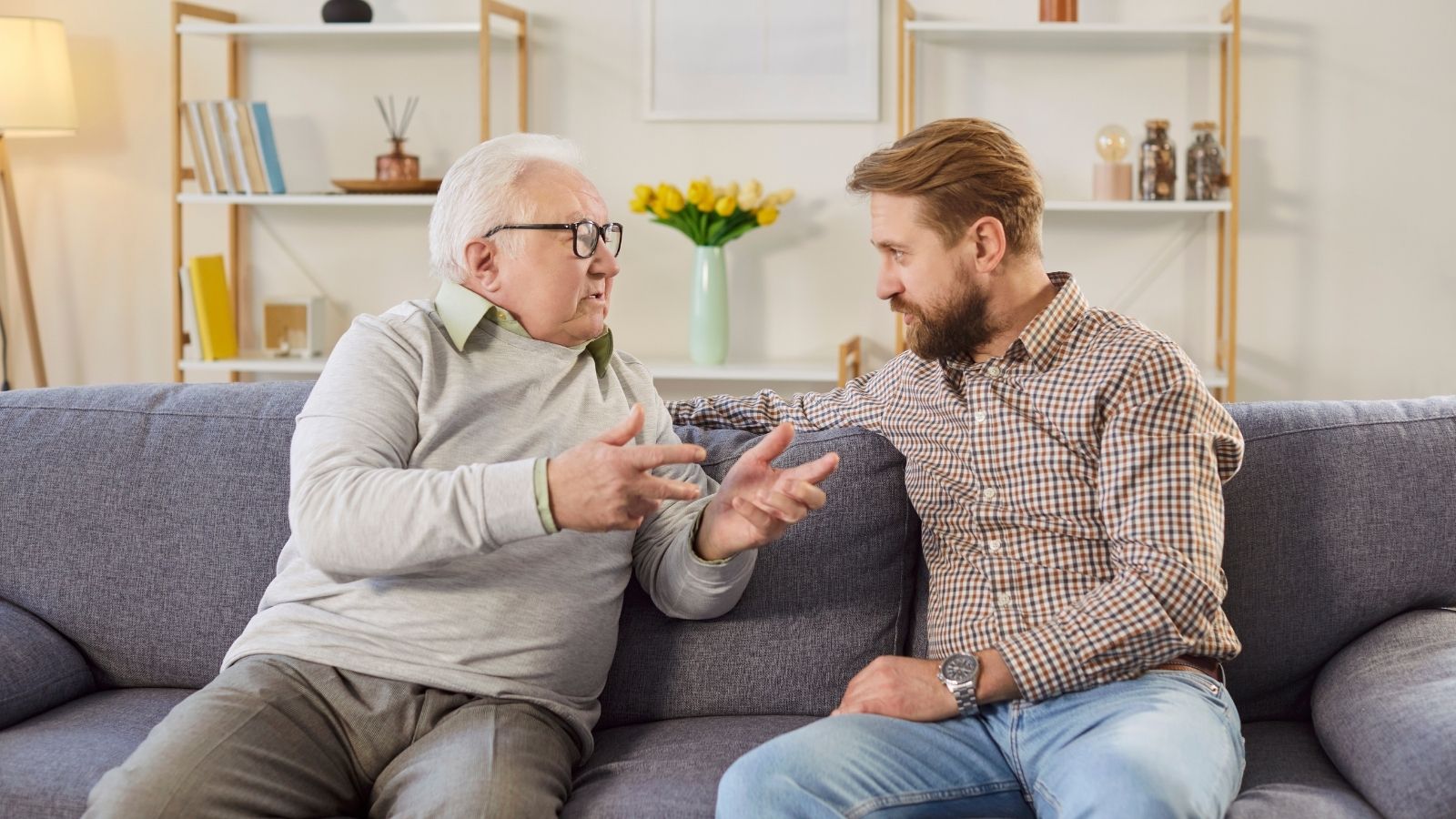 Homeowners Have One Rule When It Comes To Letting The Neighborhood Kids Play On Their Property, But When The Kids Break The Rule, They Tell Them They Cant Come Back elderly dad talking to adult son