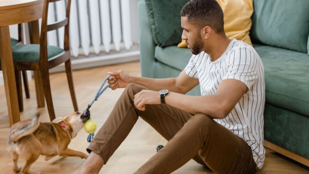 Man playing with his dog on the floor of a cozy home