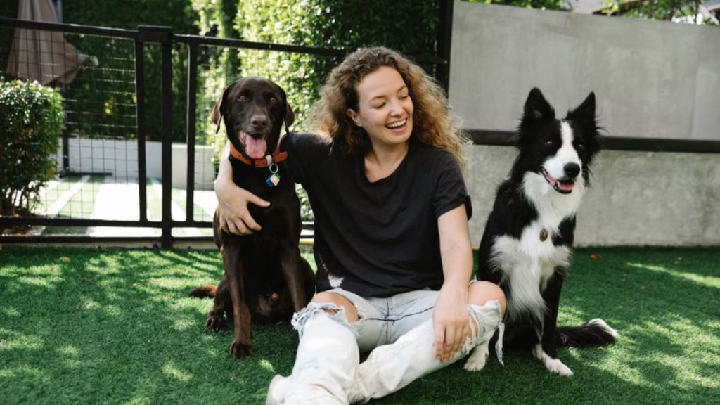 Woman playing with 2 dogs outdoors