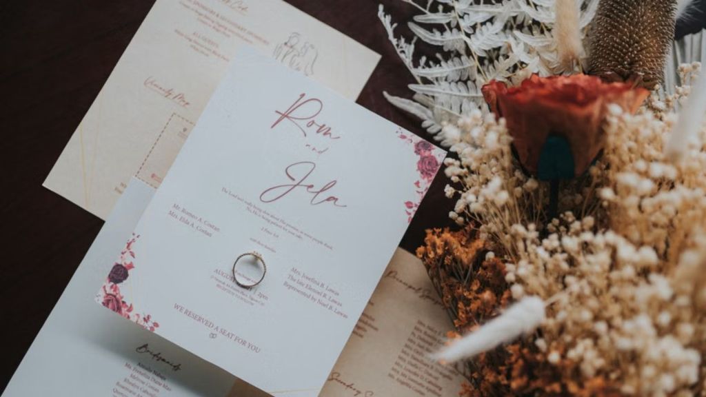 Wedding invitation cards laid out on the table beside flowers