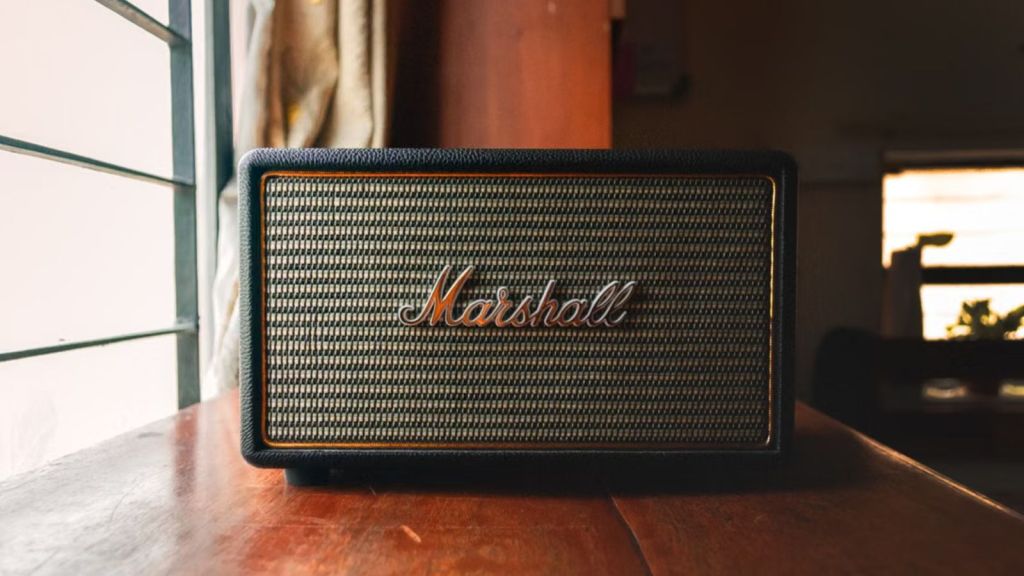 An audio speaker placed by the window