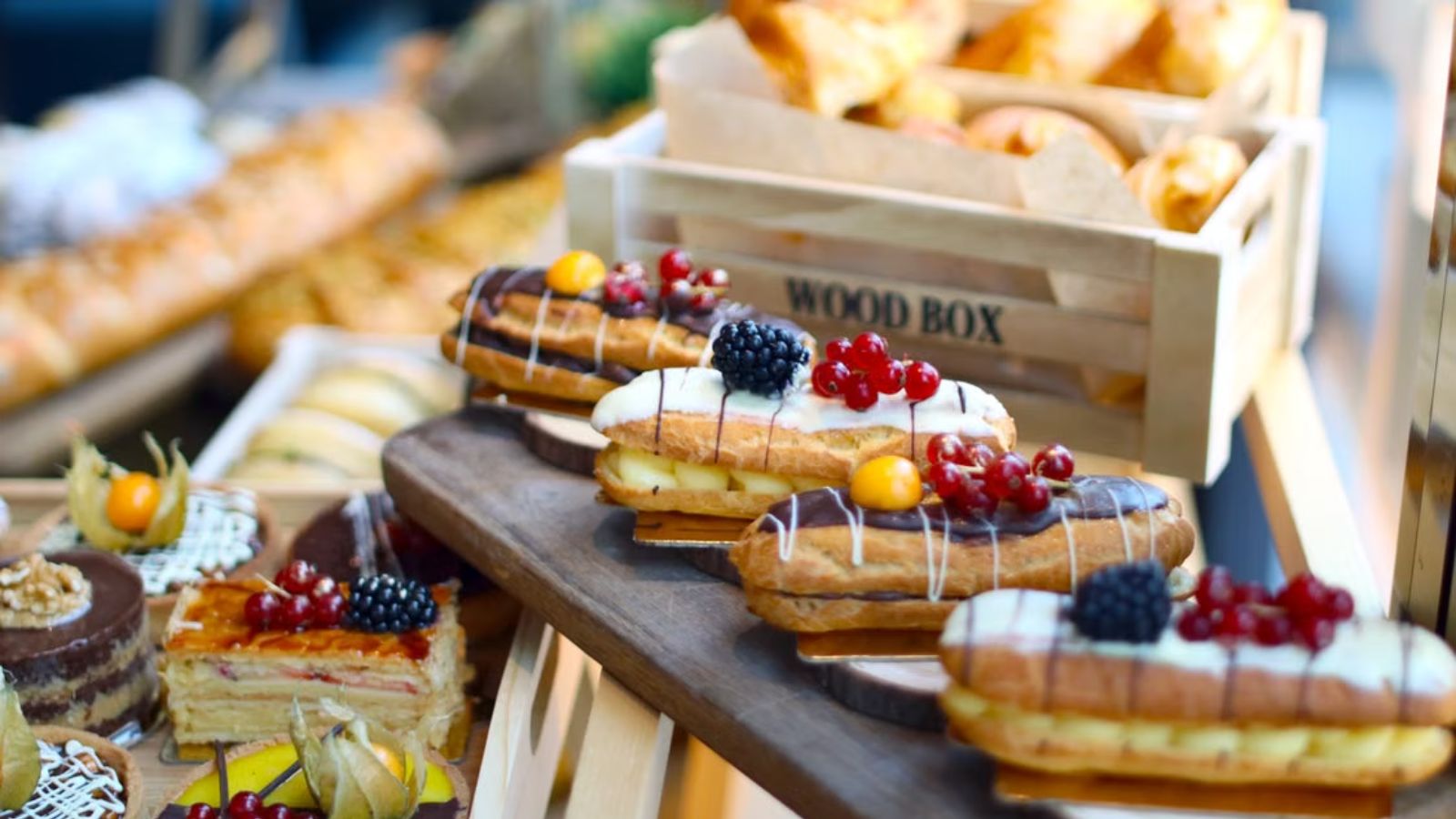 Cakes and pastries beautifully set up on a dessert cart