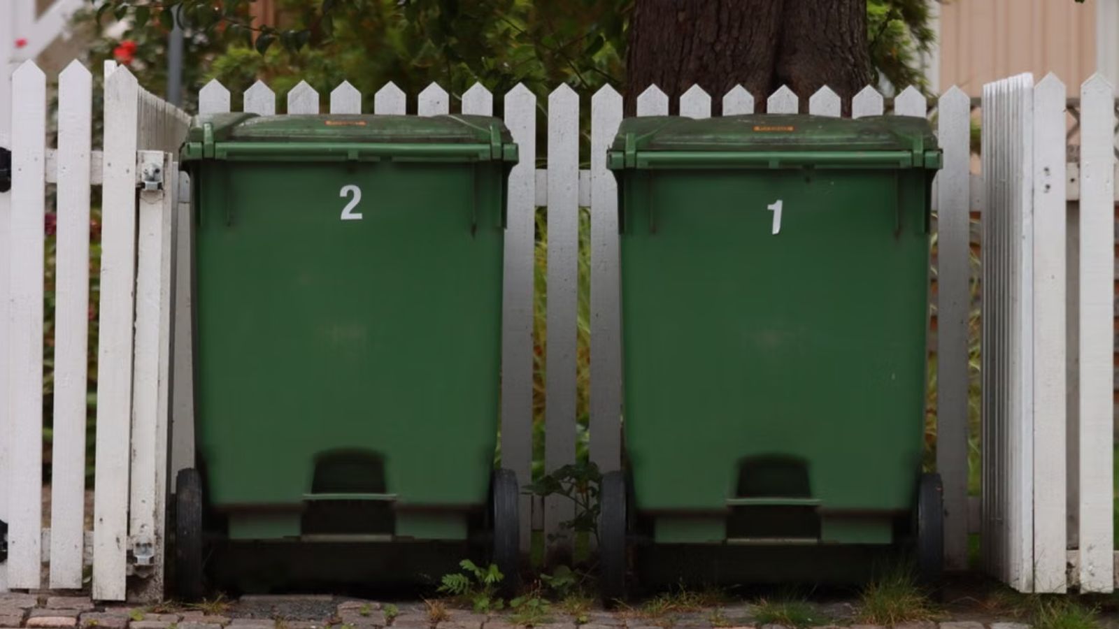 She Kept Watch over a Late Neighbor’s House—Until a Neighbor Accused Her Online of Stealing the Trash Cans Two green trash bins beside a white picket fence