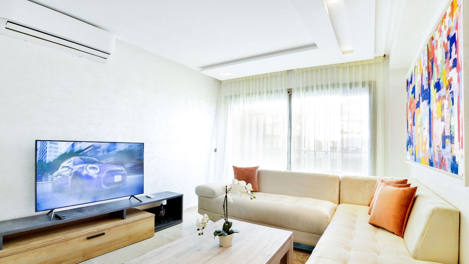 Her Roommate Turned the Common Area Into a Private Bedroom—And Now the Electricity Bill Is Soaring An apartment living room with an L-shaped couch