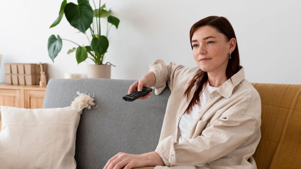 Woman sitting on the couch and holding a remote control