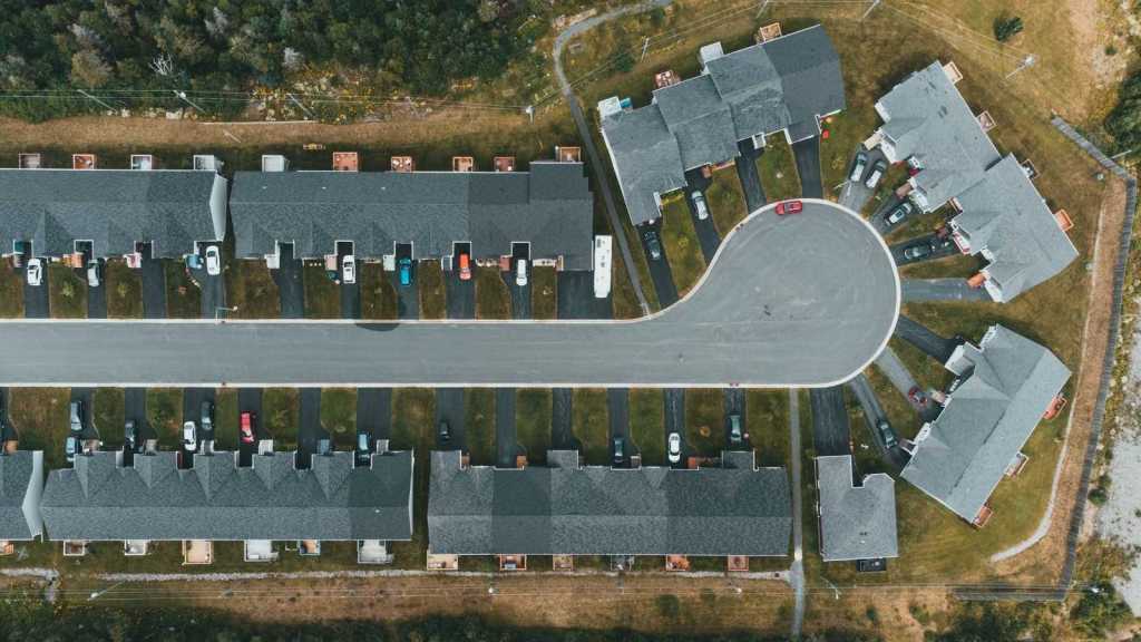aerial shot of cul de sac neighborhood