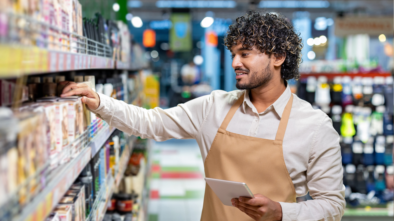 A man stocking a grocery store aisle