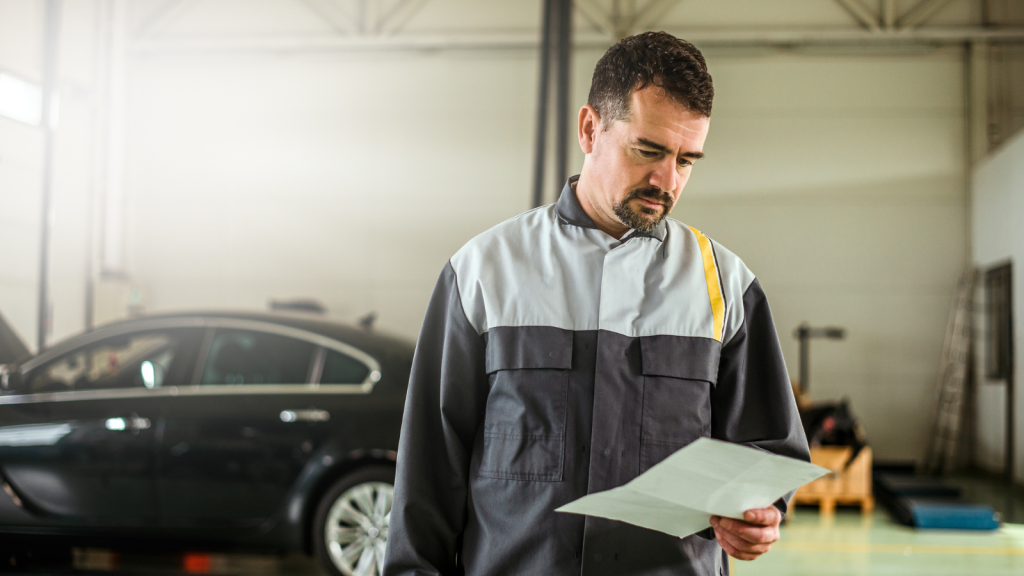 car mechanic looking at paper in shop