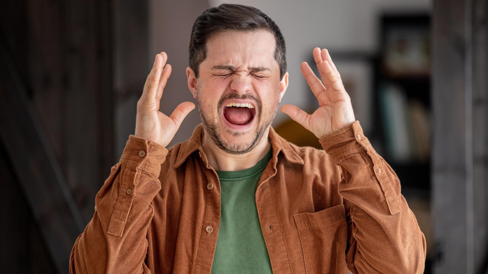 His Neighbors Won’t Stop Making Noise—So He’s Ready to Make Even More Noise Himself man screaming out loud