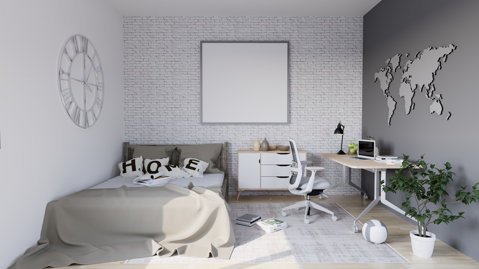 dorm room with bed and desk