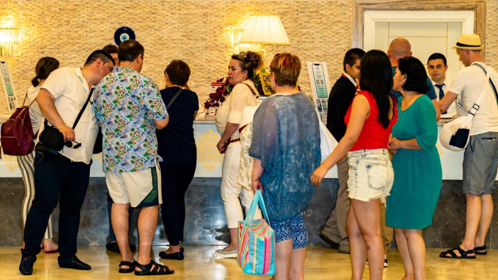 people in a hotel lobby