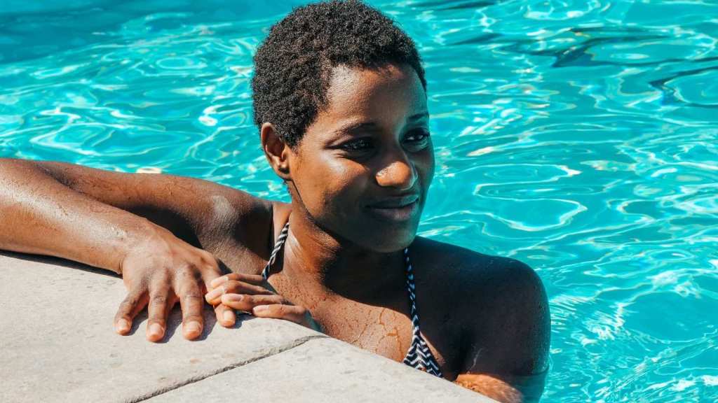 woman in a bikini at the pool