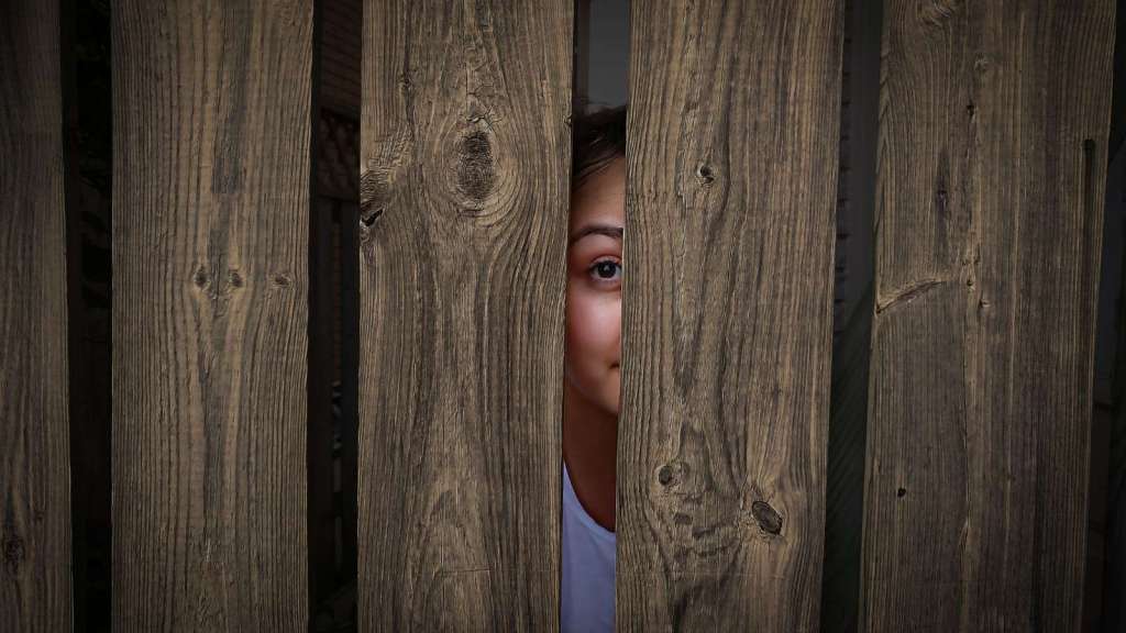 woman looking through a fence