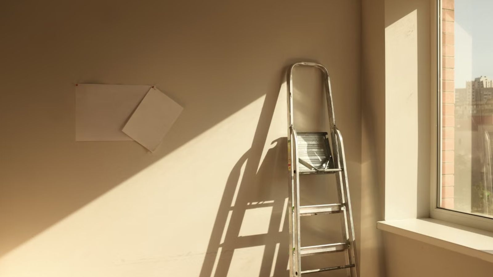A ladder leaning on the wall near a window