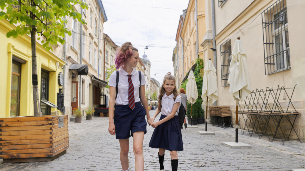 Sisters walking home from school