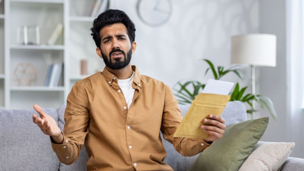 upset man holding a piece of mail