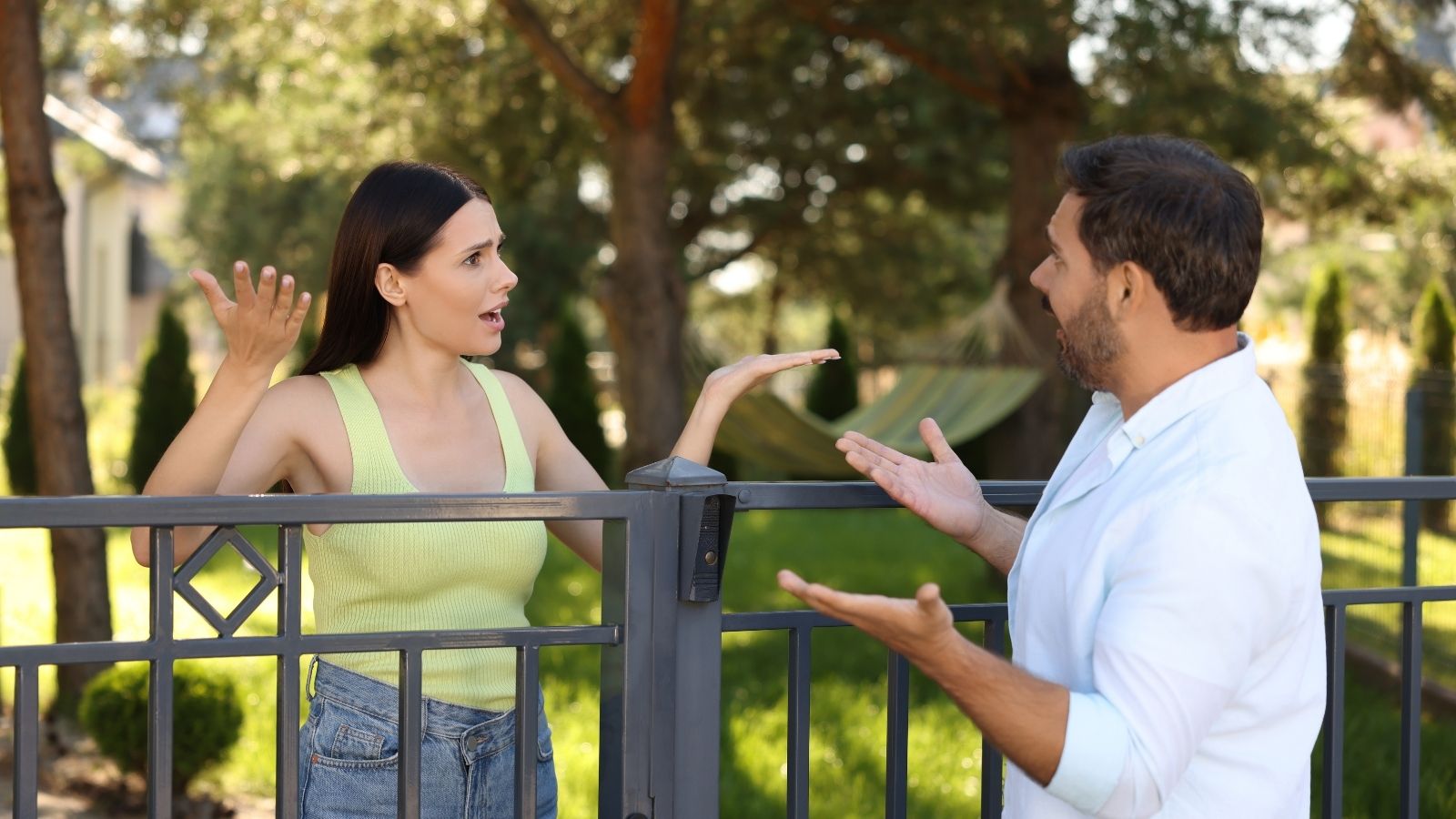 Woman Keeps Trespassing On Her Neighbors Property — The Final Straw Was Stealing Boulders two neighbors arguing across a fence
