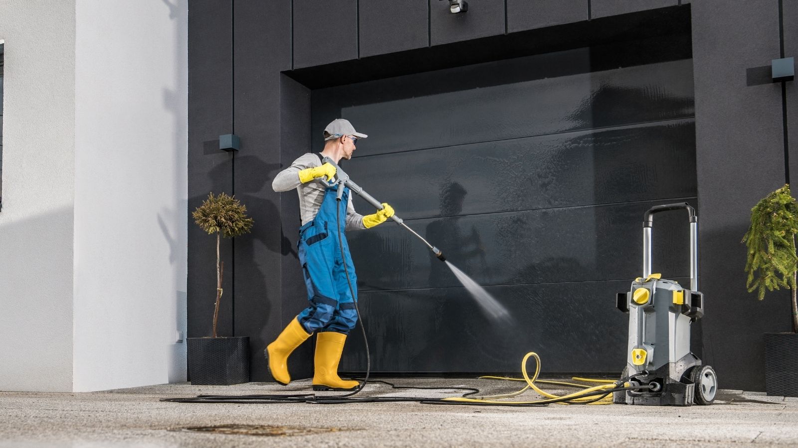 man using a pressure washer