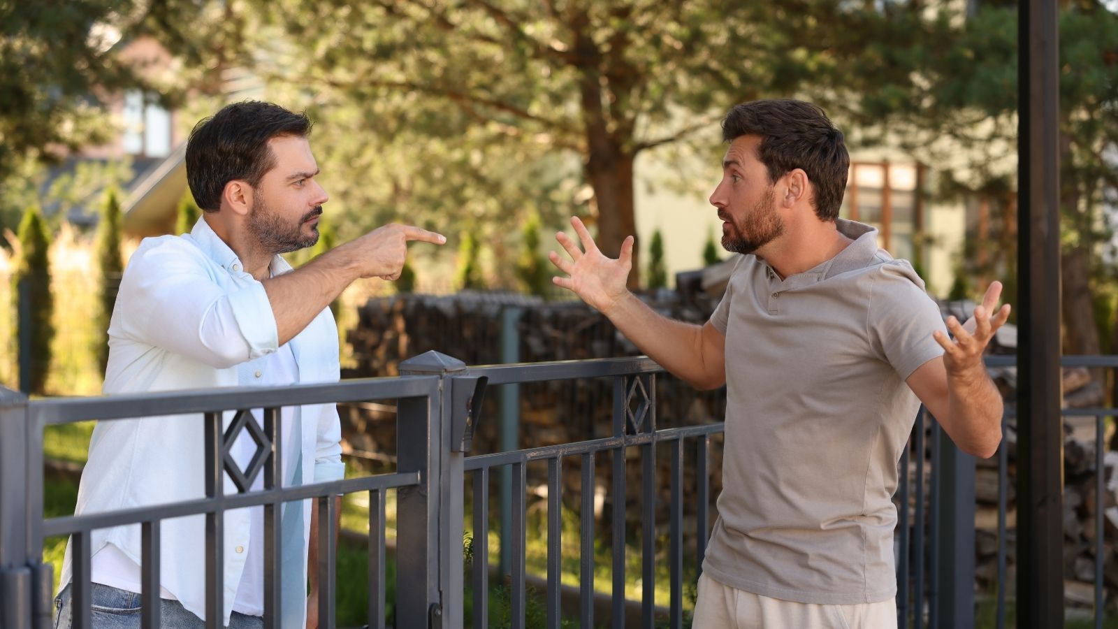 two men arguing across a fence