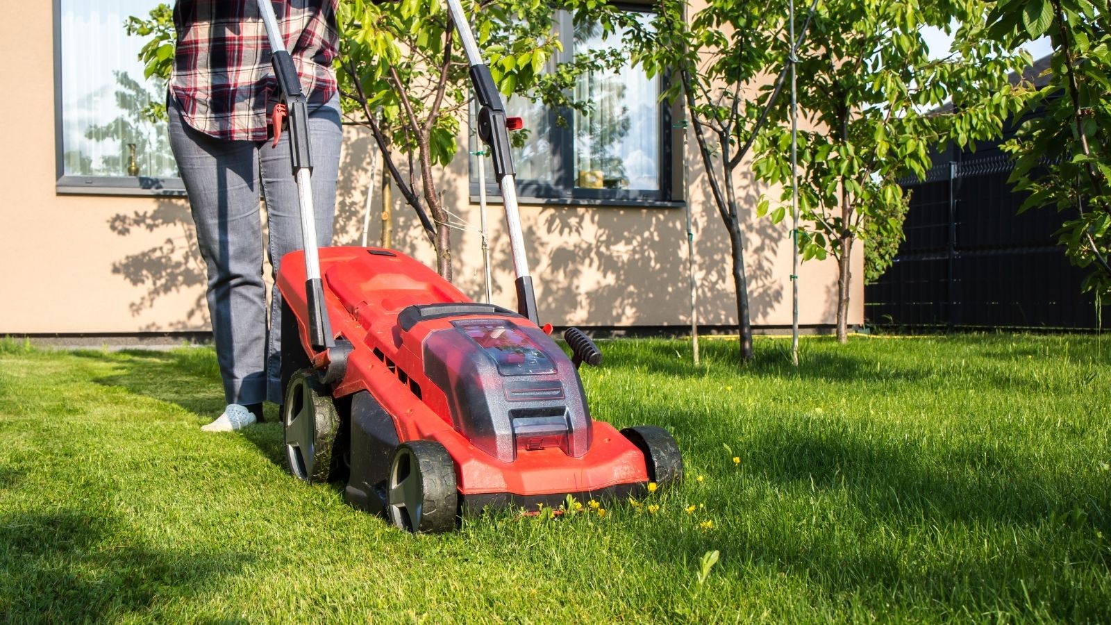 woman mowing grass