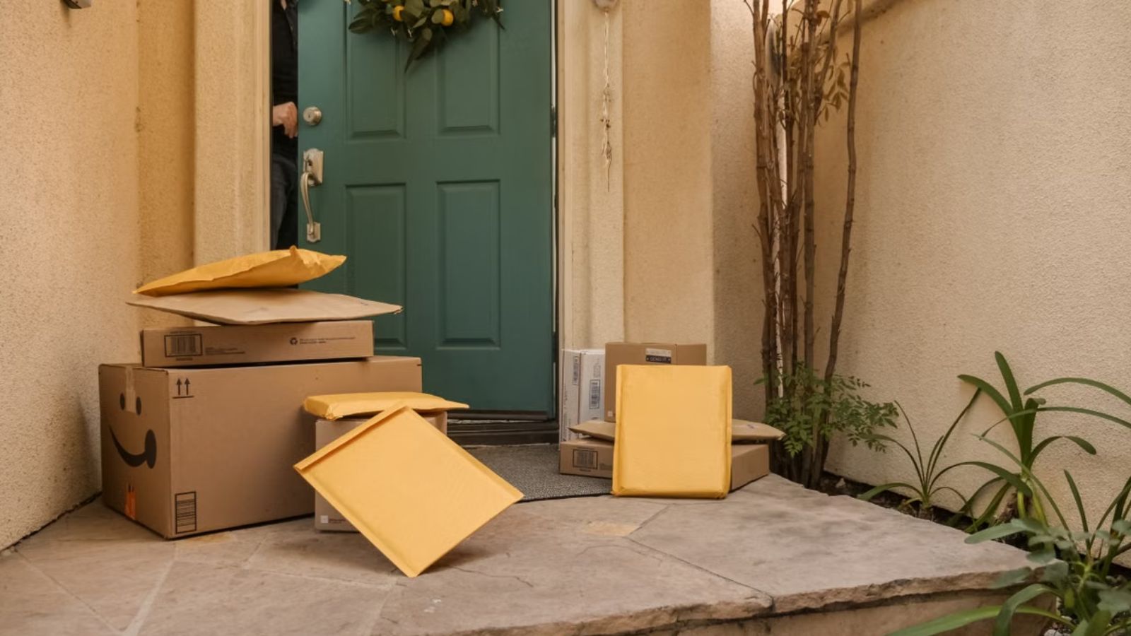 New Mom Stomped on Her Floor to Quiet Her Noisy Neighbor—Then Her Packages Started Disappearing Packages laid out on the doorway of a house