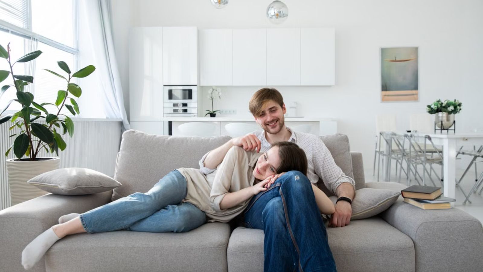 Man and woman on the couch being sweet and staying close to each other
