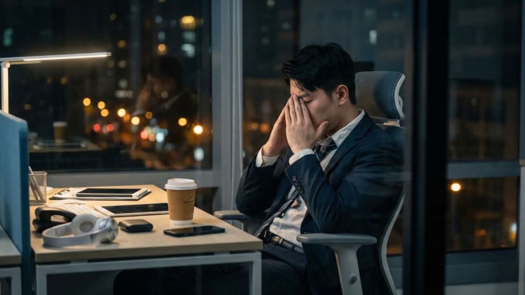 Man feeling tired at work and covering his face with his hands